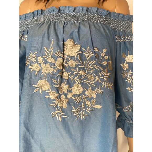 Goodnight Macaroon x Mumu Embroidered Off The Shoulder Dress Blue Size Small - Picture 5 of 8